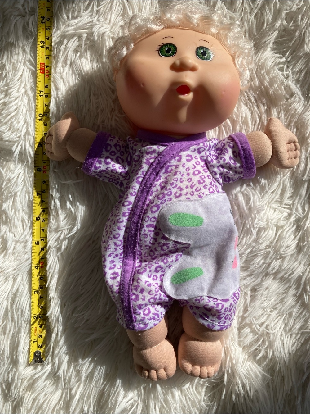 2012 Plush Baby Doll in Purple Leopard-Print Romper - Soft Cuddly Toy